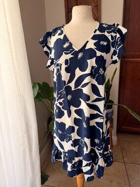 QACOHU Navy White Floral Ruffle Sleeve Shift Dress L NWT